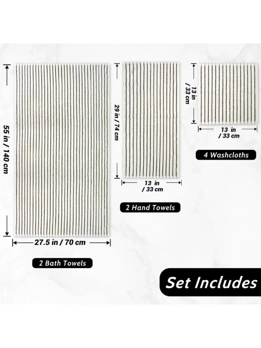 8-Piece Soft & Absorbent Black Ivory Towel Set - Luxurious Cotton Stripes